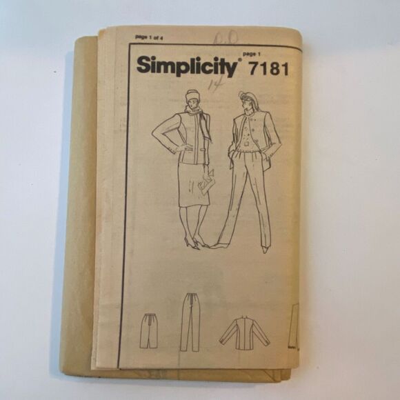 Simplicity 7181 Pattern Jacket Pant Skirt Scarf Miss 14 Vintage Pockets Long - Picture 2 of 6